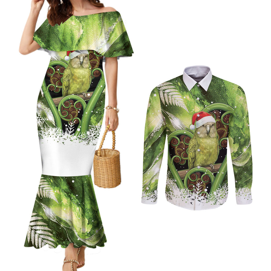 Kakapo New Zealand Christmas In July Couples Matching Mermaid Dress and Long Sleeve Button Shirt NZ Aroha Koru Fern Marble Vibes
