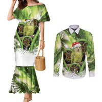 Kakapo New Zealand Christmas In July Couples Matching Mermaid Dress and Long Sleeve Button Shirt NZ Aroha Koru Fern Marble Vibes