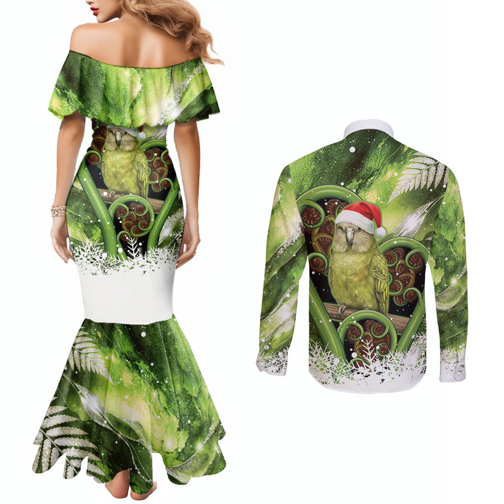 Kakapo New Zealand Christmas In July Couples Matching Mermaid Dress and Long Sleeve Button Shirt NZ Aroha Koru Fern Marble Vibes