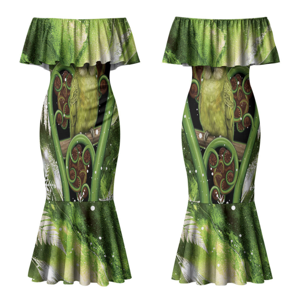 Kakapo New Zealand Christmas In July Couples Matching Mermaid Dress and Long Sleeve Button Shirt NZ Aroha Koru Fern Marble Vibes LT14 - Polynesian Pride