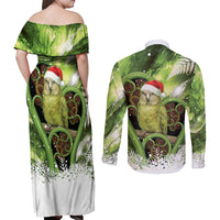 Kakapo New Zealand Christmas In July Couples Matching Off Shoulder Maxi Dress and Long Sleeve Button Shirt NZ Aroha Koru Fern Marble Vibes