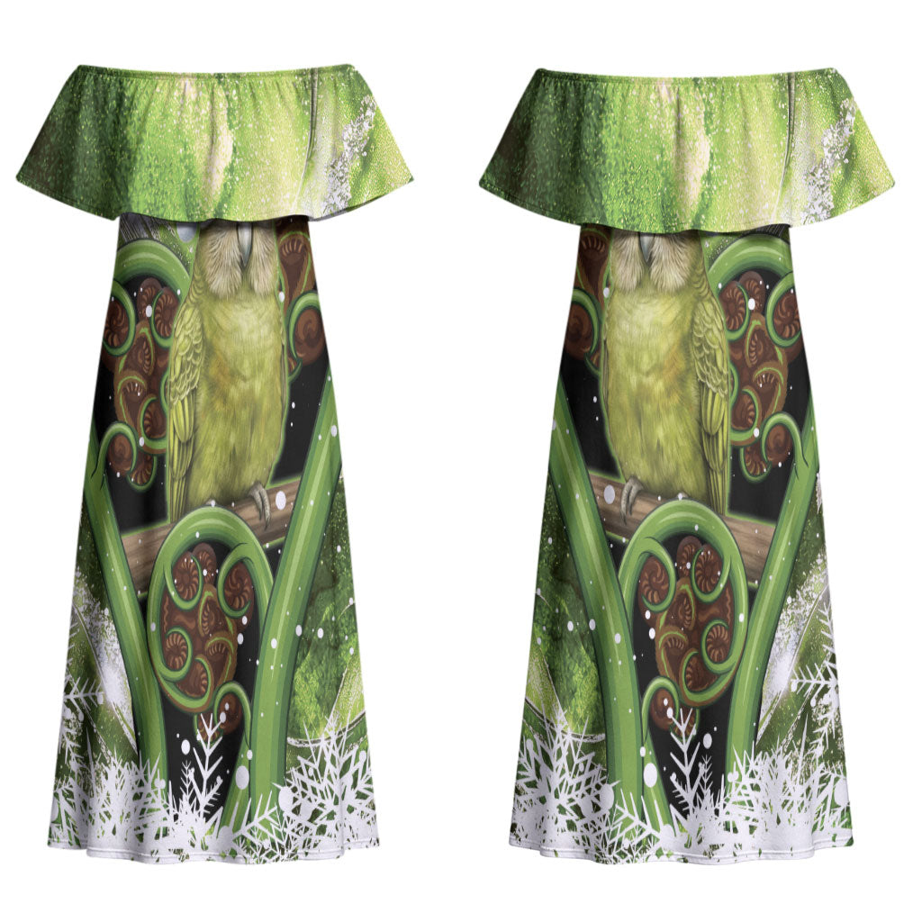 Kakapo New Zealand Christmas In July Couples Matching Off Shoulder Maxi Dress and Long Sleeve Button Shirt NZ Aroha Koru Fern Marble Vibes LT14 - Polynesian Pride