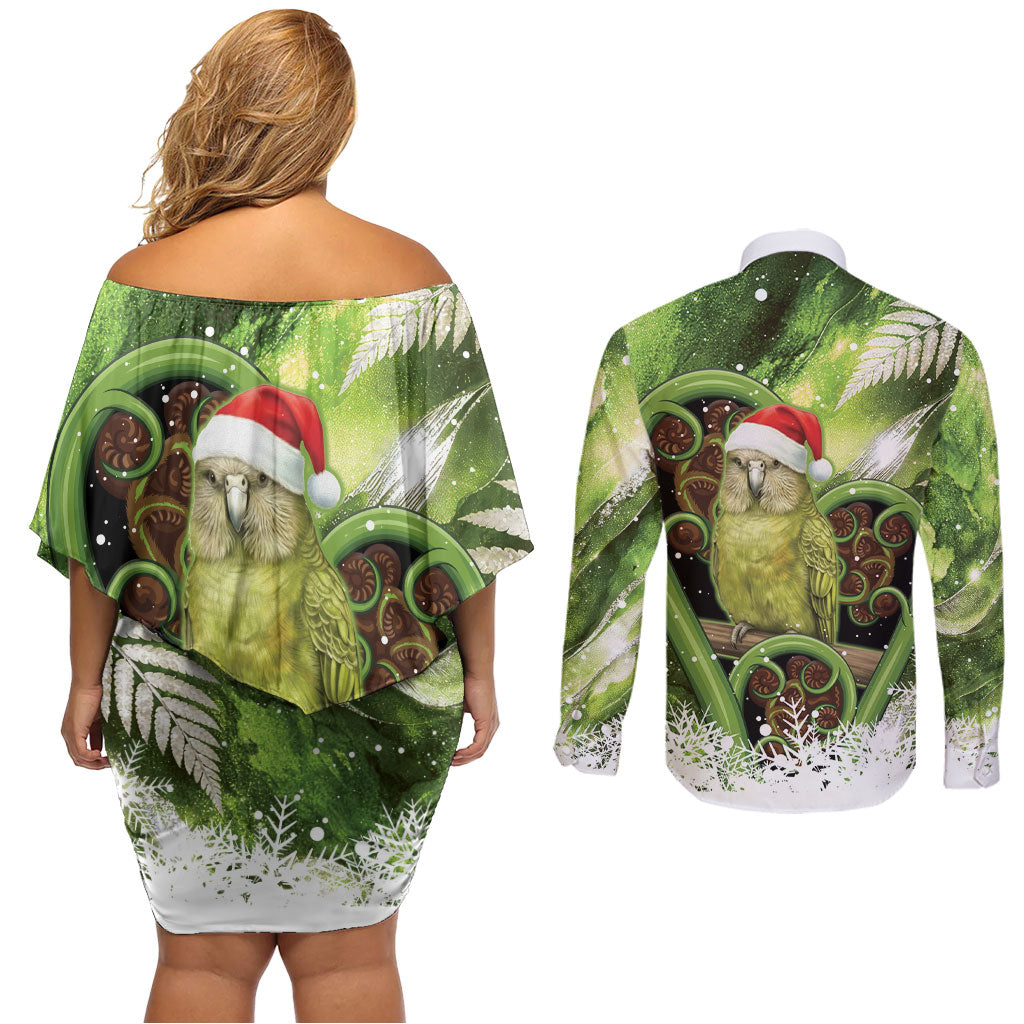 Kakapo New Zealand Christmas In July Couples Matching Off Shoulder Short Dress and Long Sleeve Button Shirt NZ Aroha Koru Fern Marble Vibes