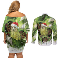 Kakapo New Zealand Christmas In July Couples Matching Off Shoulder Short Dress and Long Sleeve Button Shirt NZ Aroha Koru Fern Marble Vibes