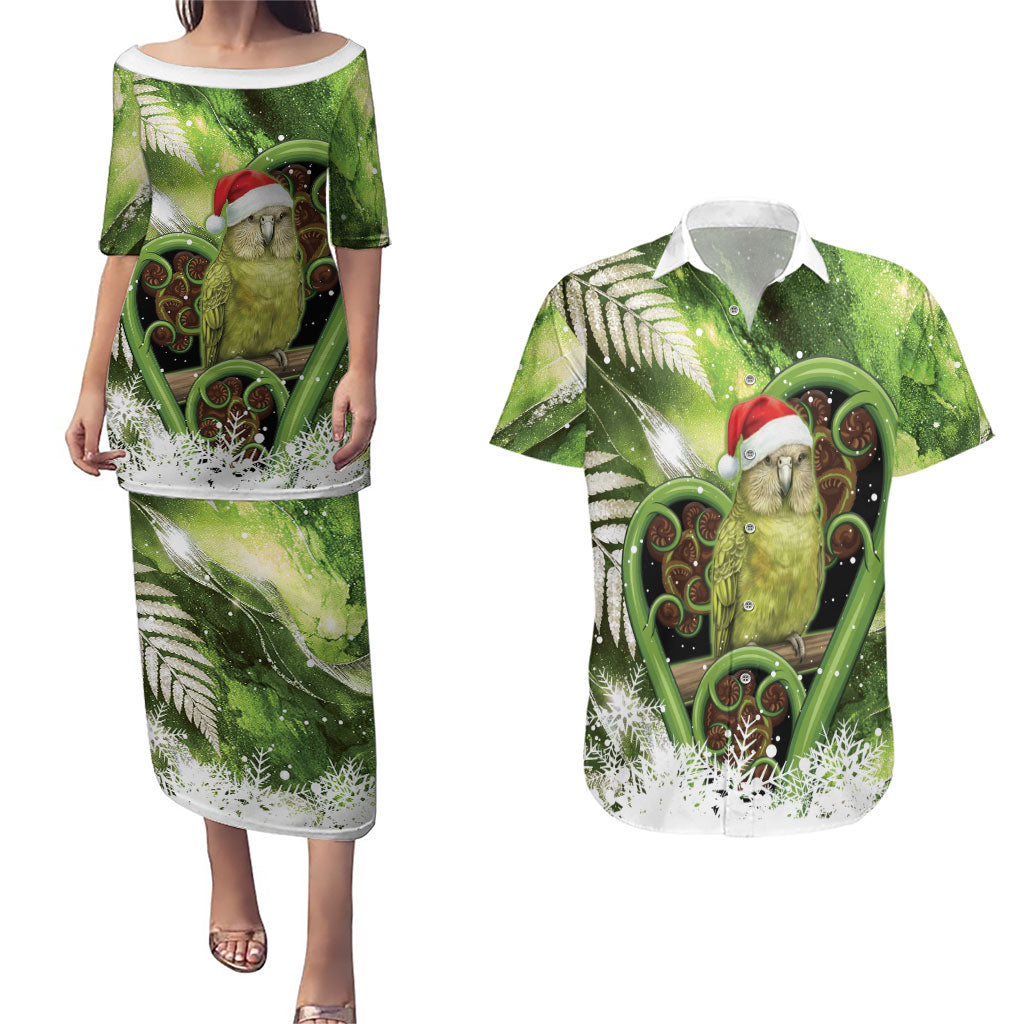 Kakapo New Zealand Christmas In July Couples Matching Puletasi and Hawaiian Shirt NZ Aroha Koru Fern Marble Vibes