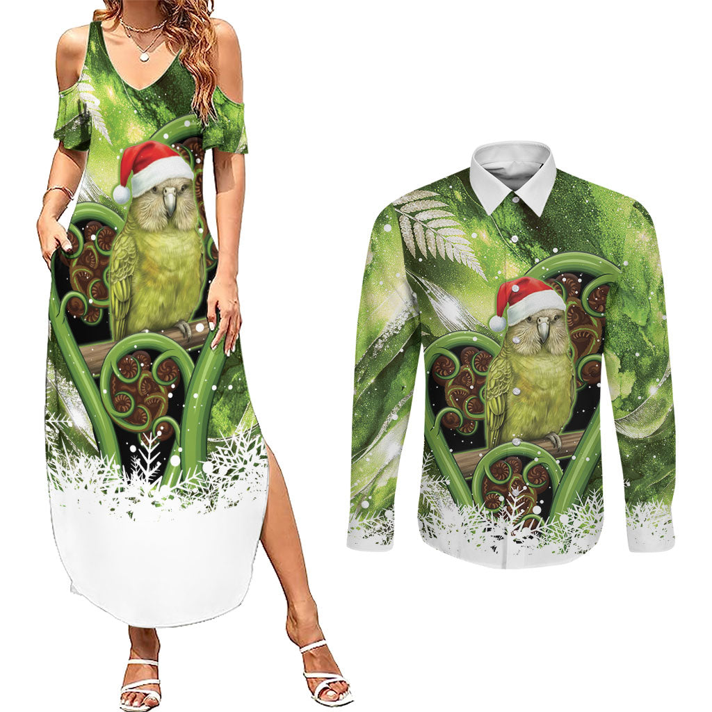 Kakapo New Zealand Christmas In July Couples Matching Summer Maxi Dress and Long Sleeve Button Shirt NZ Aroha Koru Fern Marble Vibes