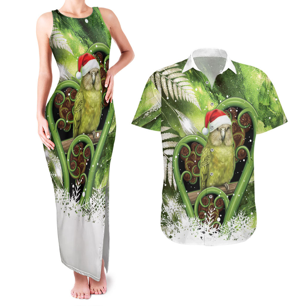 Kakapo New Zealand Christmas In July Couples Matching Tank Maxi Dress and Hawaiian Shirt NZ Aroha Koru Fern Marble Vibes