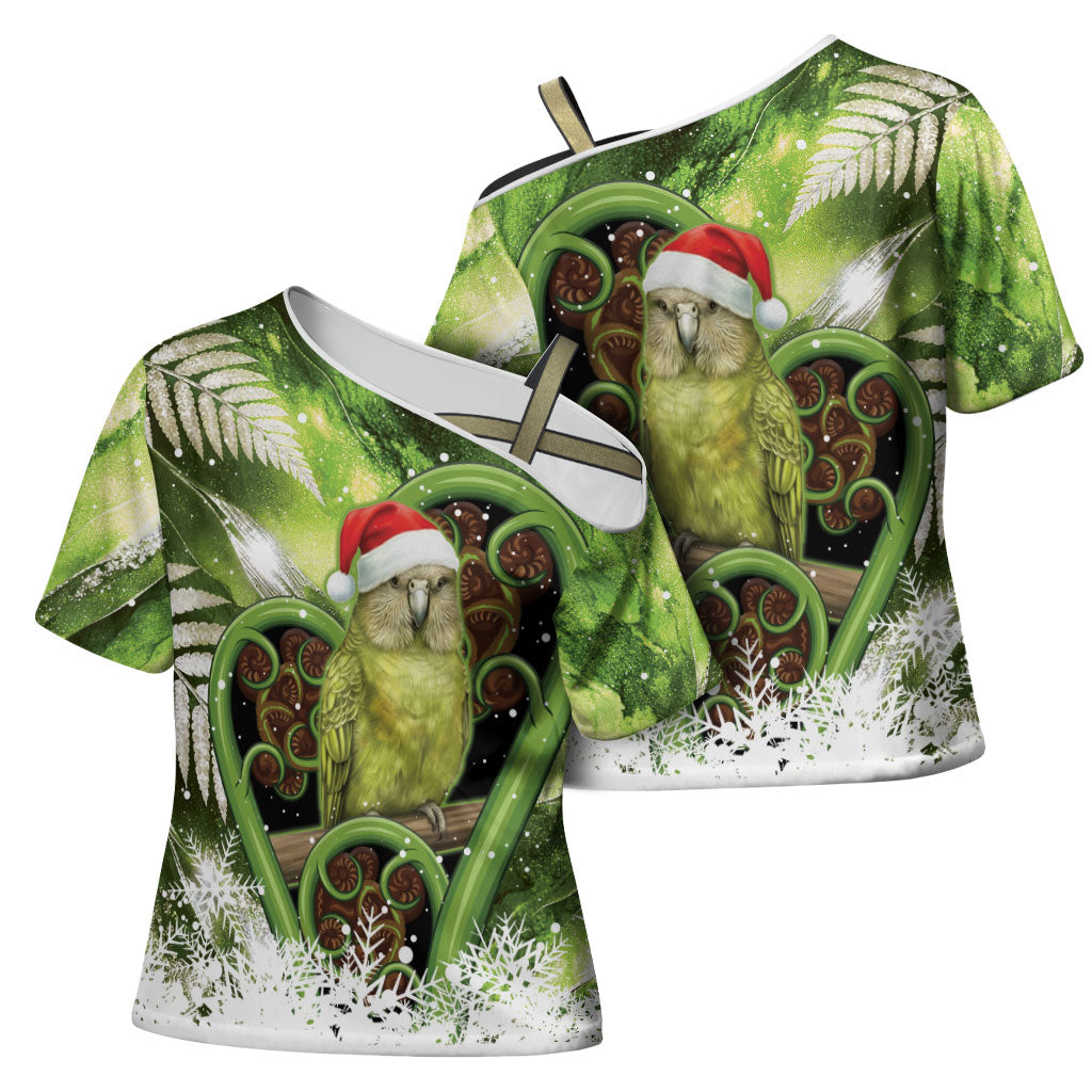 Kakapo New Zealand Christmas In July Cross Shoulder Shirt NZ Aroha Koru Fern Marble Vibes