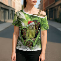 Kakapo New Zealand Christmas In July Cross Shoulder Shirt NZ Aroha Koru Fern Marble Vibes