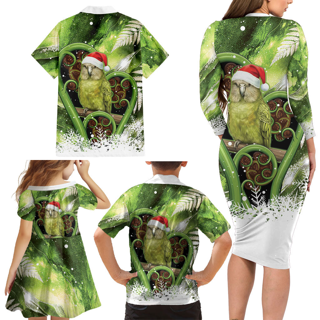 Kakapo New Zealand Christmas In July Family Matching Long Sleeve Bodycon Dress and Hawaiian Shirt NZ Aroha Koru Fern Marble Vibes