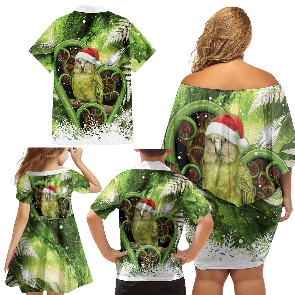 Kakapo New Zealand Christmas In July Family Matching Off Shoulder Short Dress and Hawaiian Shirt NZ Aroha Koru Fern Marble Vibes