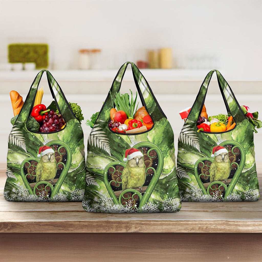 Kakapo New Zealand Christmas In July Grocery Bag NZ Aroha Koru Fern Marble Vibes