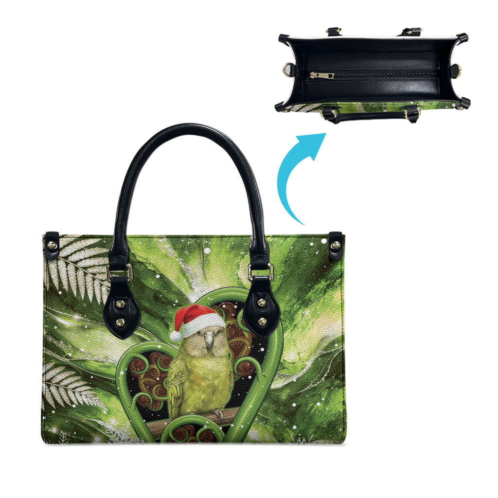 Kakapo New Zealand Christmas In July Leather Bag NZ Aroha Koru Fern Marble Vibes