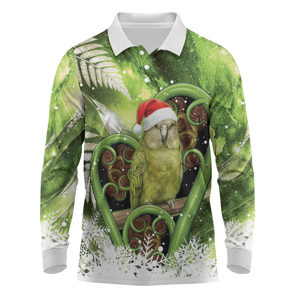 Kakapo New Zealand Christmas In July Long Sleeve Polo Shirt NZ Aroha Koru Fern Marble Vibes