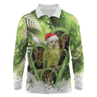 Kakapo New Zealand Christmas In July Long Sleeve Polo Shirt NZ Aroha Koru Fern Marble Vibes