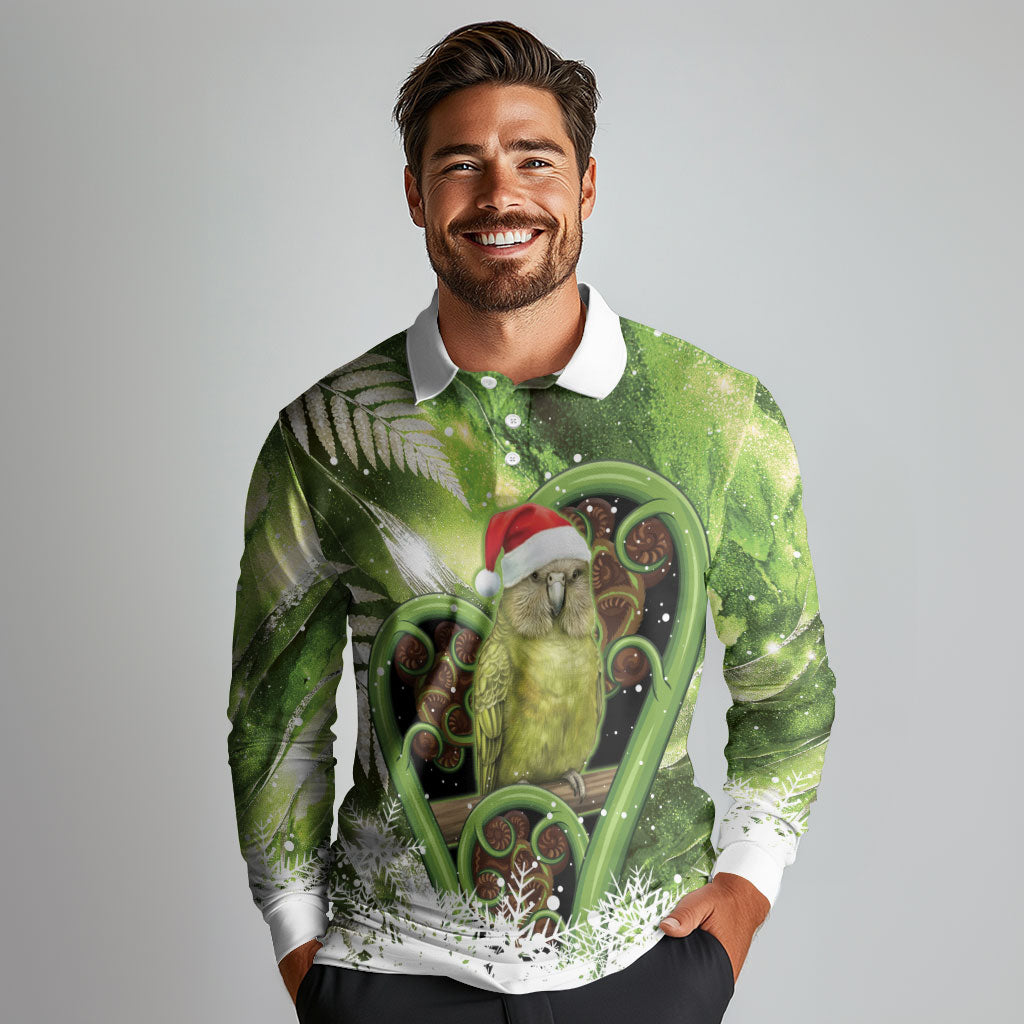 Kakapo New Zealand Christmas In July Long Sleeve Polo Shirt NZ Aroha Koru Fern Marble Vibes