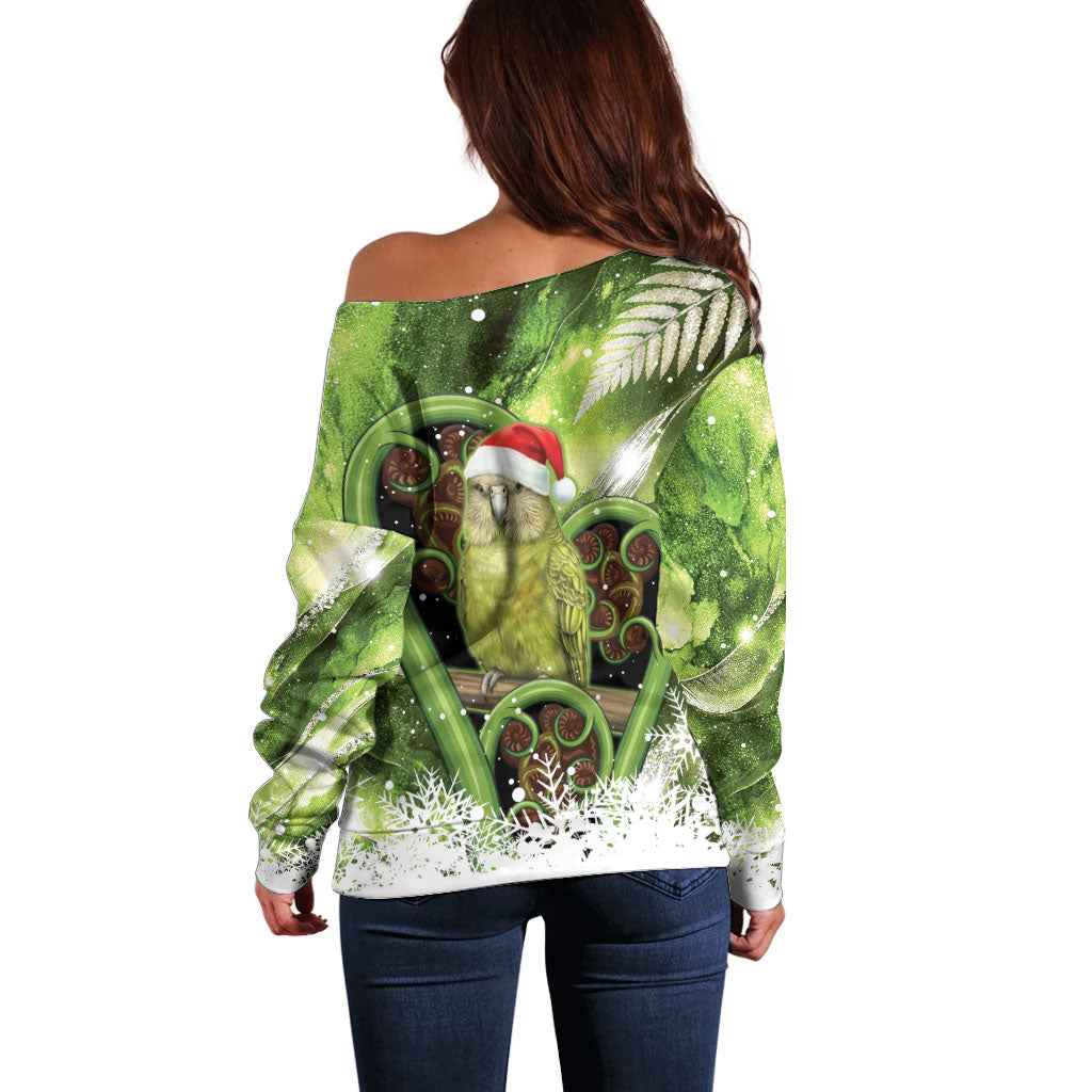 Kakapo New Zealand Christmas In July Off Shoulder Sweater NZ Aroha Koru Fern Marble Vibes