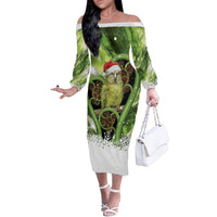 Kakapo New Zealand Christmas In July Off The Shoulder Long Sleeve Dress NZ Aroha Koru Fern Marble Vibes
