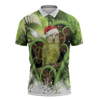 Kakapo New Zealand Christmas In July Zipper Polo Shirt NZ Aroha Koru Fern Marble Vibes