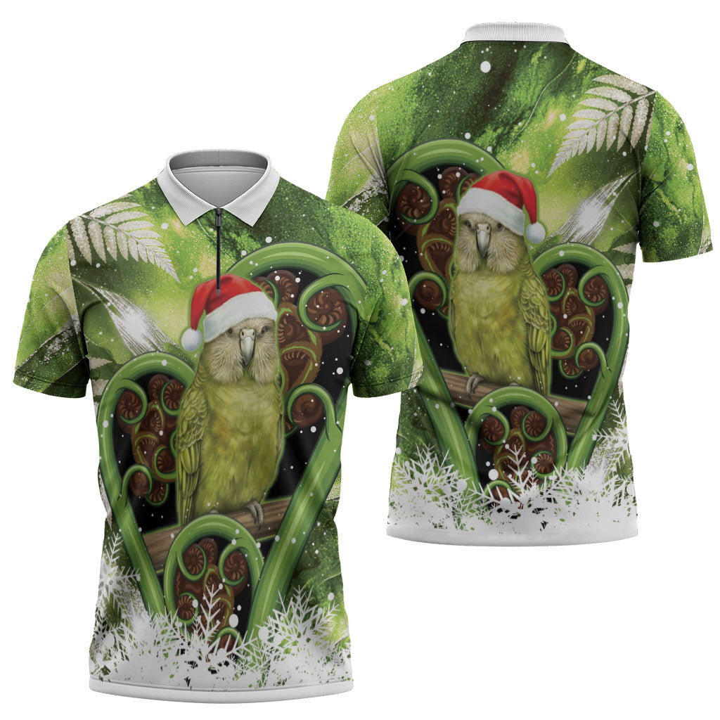 Kakapo New Zealand Christmas In July Zipper Polo Shirt NZ Aroha Koru Fern Marble Vibes