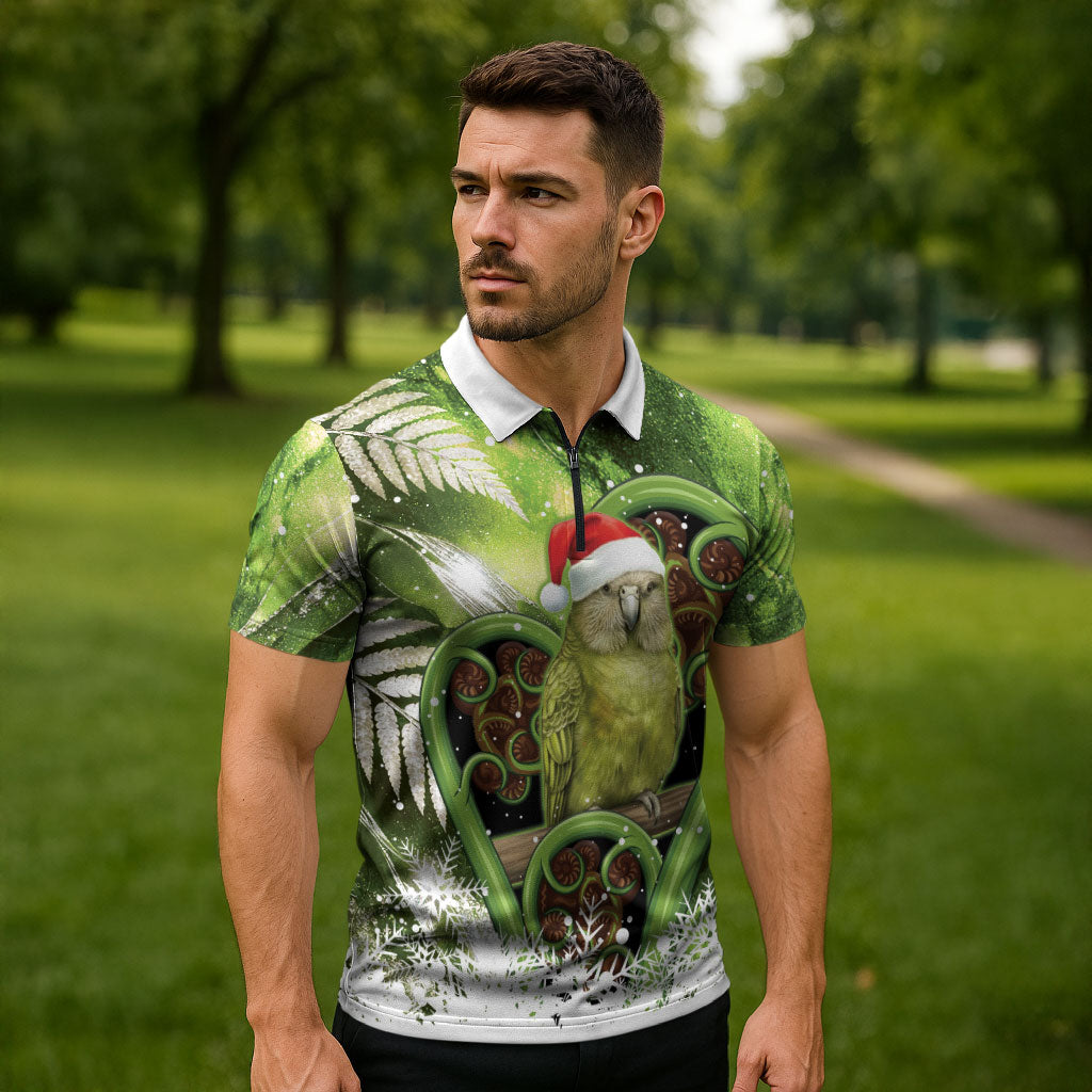 Kakapo New Zealand Christmas In July Zipper Polo Shirt NZ Aroha Koru Fern Marble Vibes