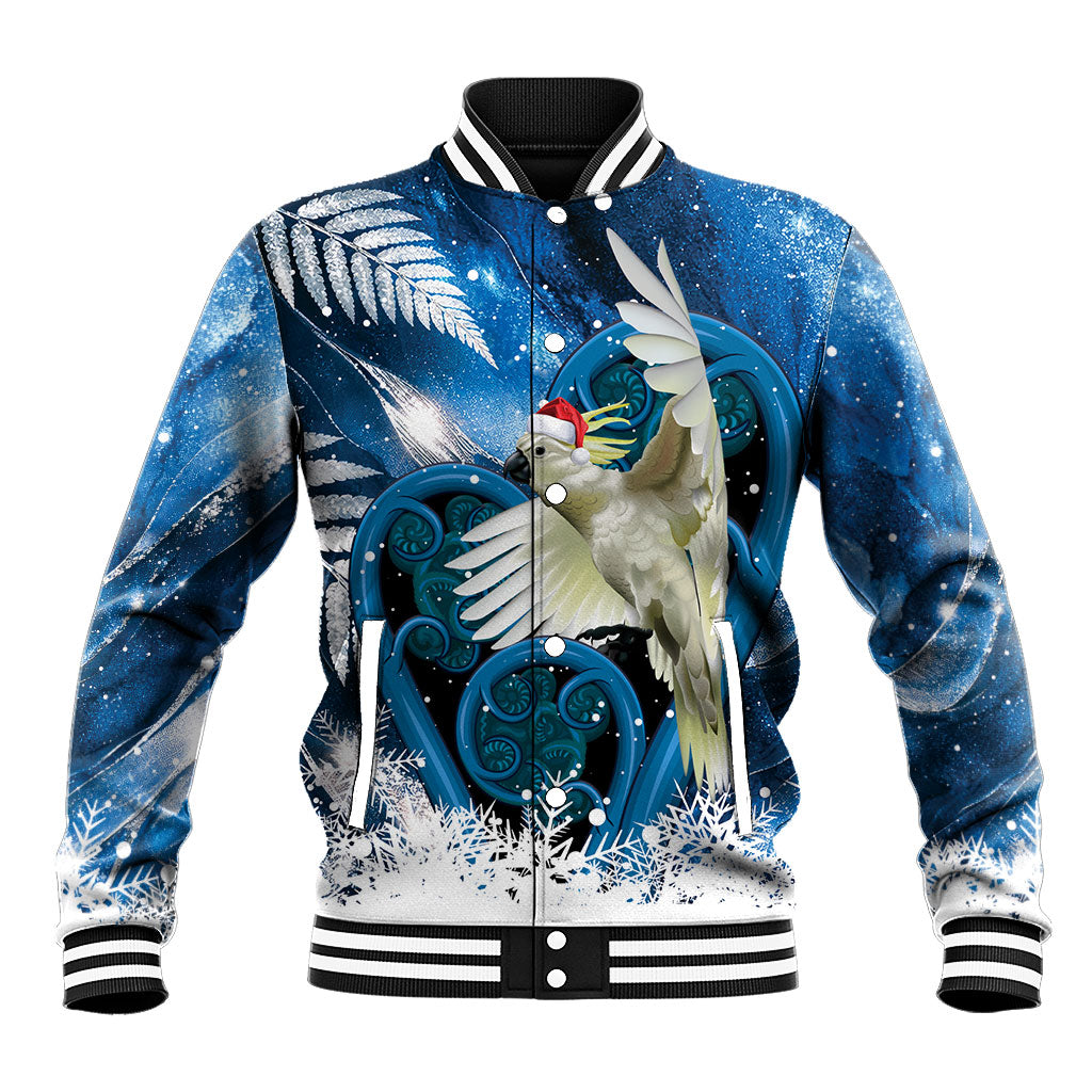 Sulphur-crested Cockatoo New Zealand Christmas In July Baseball Jacket NZ Aroha Koru Fern Marble Vibes