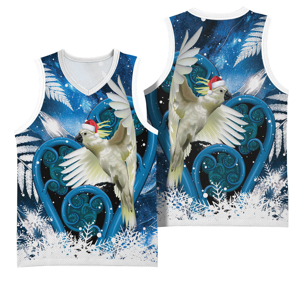 Sulphur-crested Cockatoo New Zealand Christmas In July Basketball Jersey NZ Aroha Koru Fern Marble Vibes