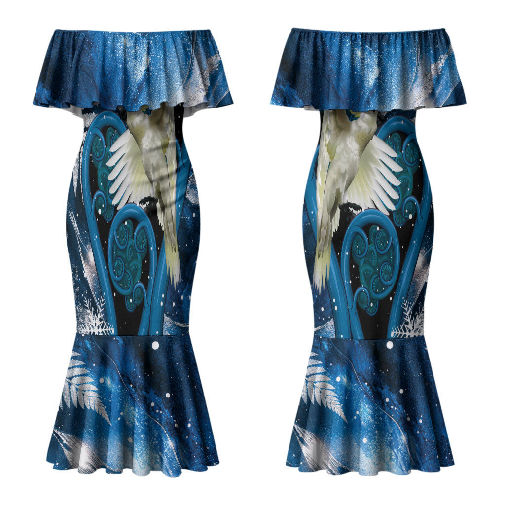 Sulphur-crested Cockatoo New Zealand Christmas In July Couples Matching Mermaid Dress and Long Sleeve Button Shirt NZ Aroha Koru Fern Marble Vibes LT14 - Polynesian Pride