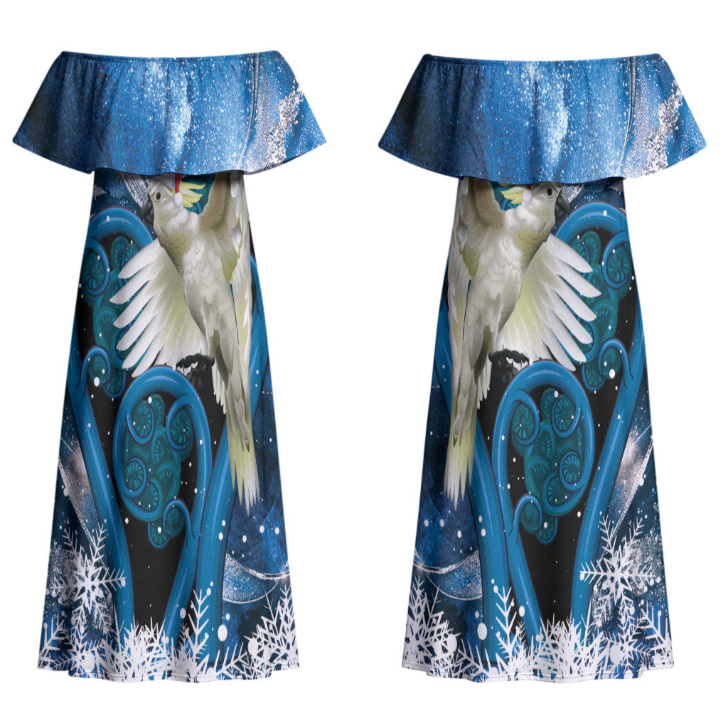 Sulphur-crested Cockatoo New Zealand Christmas In July Couples Matching Off Shoulder Maxi Dress and Hawaiian Shirt NZ Aroha Koru Fern Marble Vibes LT14 - Polynesian Pride