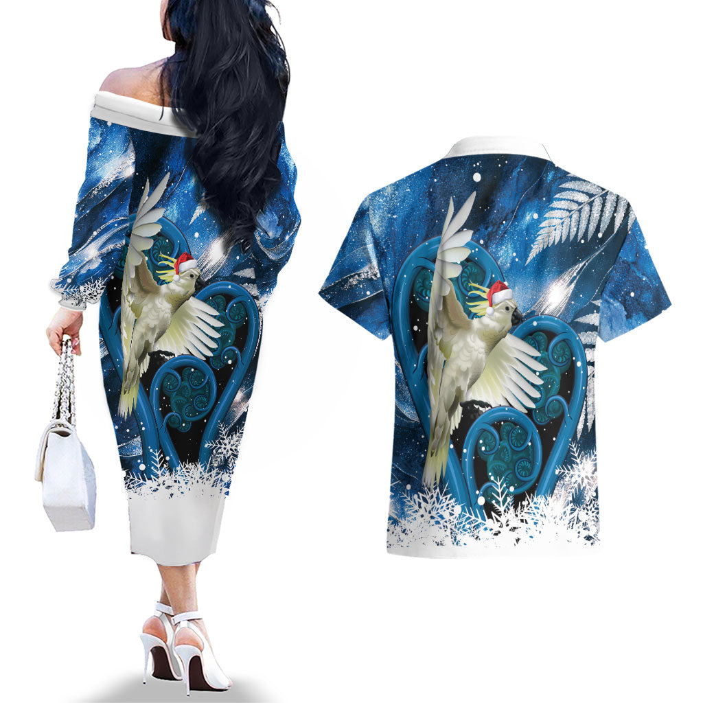 Sulphur-crested Cockatoo New Zealand Christmas In July Couples Matching Off The Shoulder Long Sleeve Dress and Hawaiian Shirt NZ Aroha Koru Fern Marble Vibes
