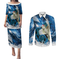Sulphur-crested Cockatoo New Zealand Christmas In July Couples Matching Puletasi and Long Sleeve Button Shirt NZ Aroha Koru Fern Marble Vibes
