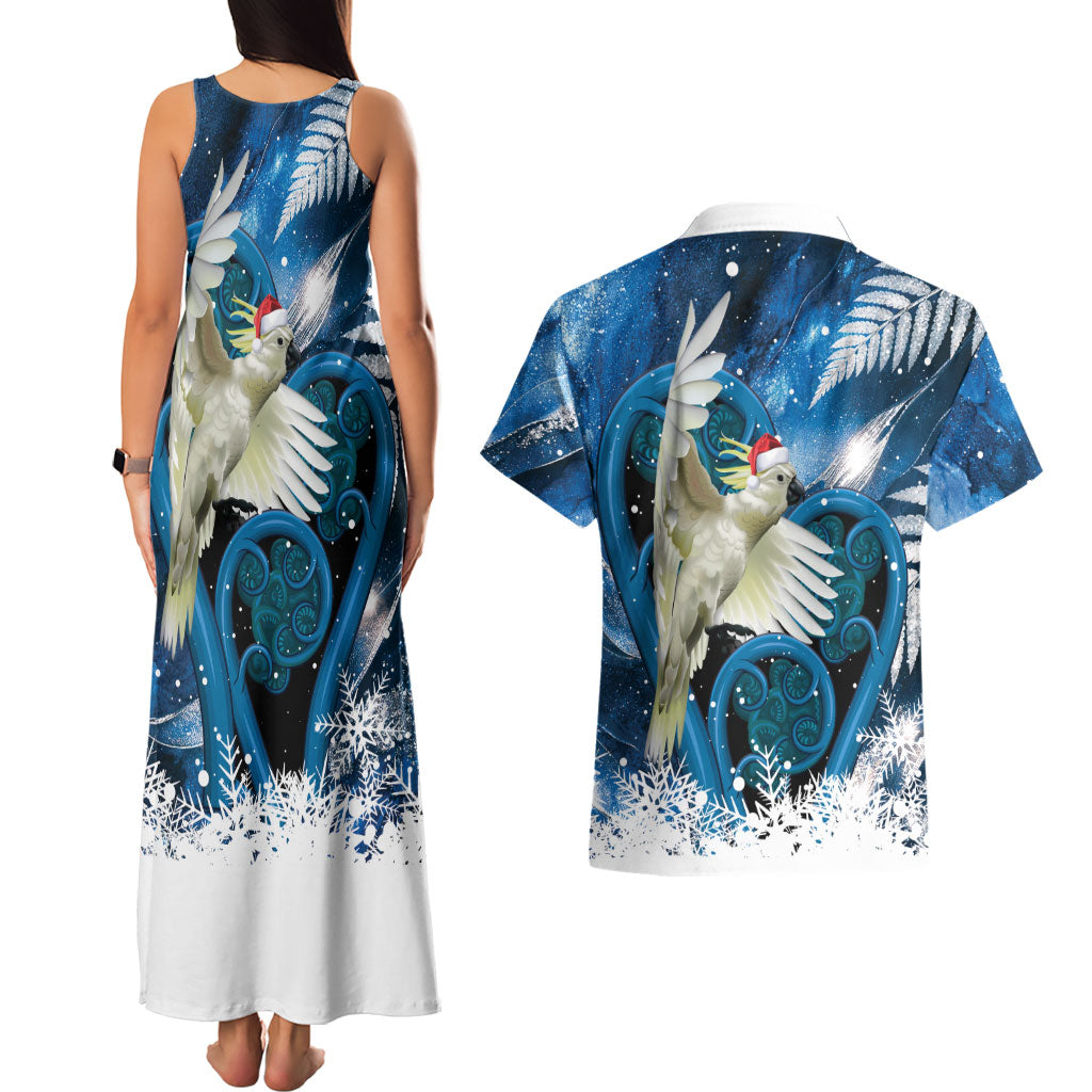Sulphur-crested Cockatoo New Zealand Christmas In July Couples Matching Tank Maxi Dress and Hawaiian Shirt NZ Aroha Koru Fern Marble Vibes