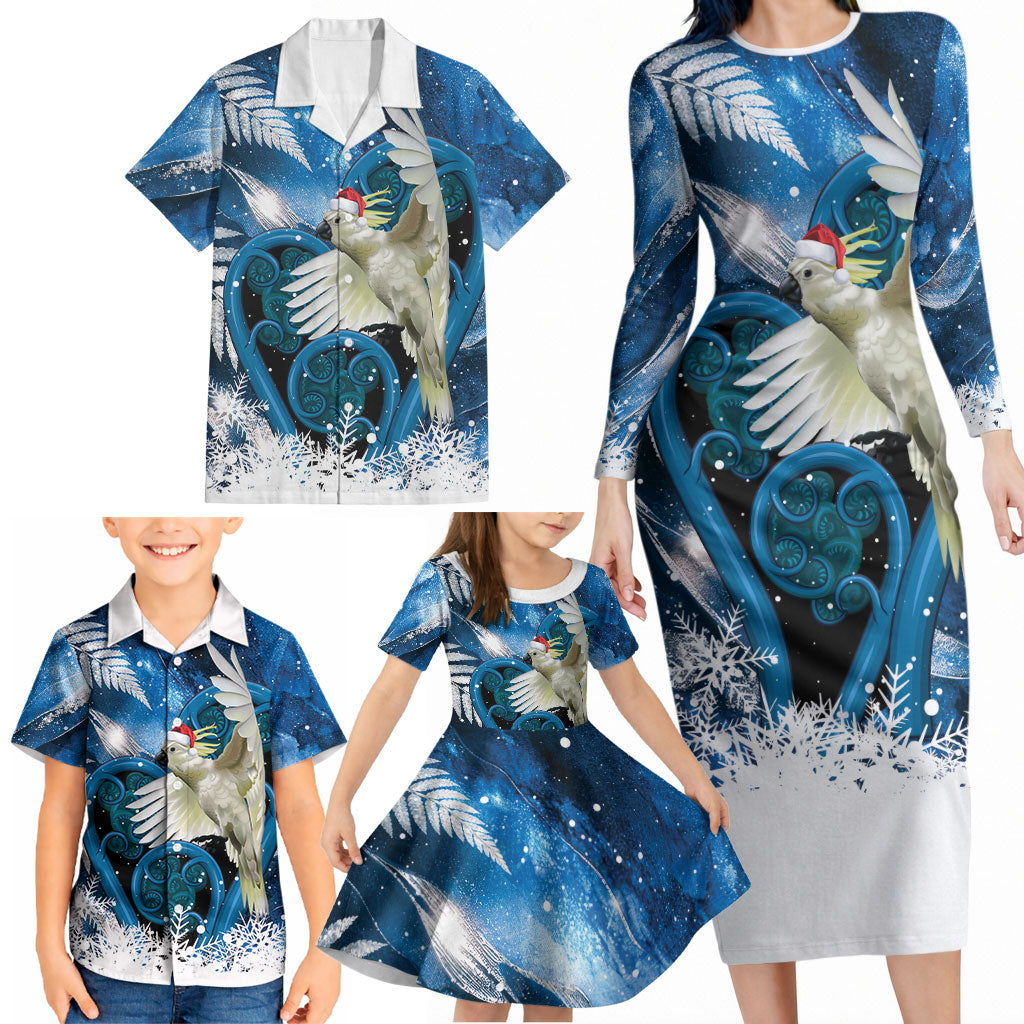 Sulphur-crested Cockatoo New Zealand Christmas In July Family Matching Long Sleeve Bodycon Dress and Hawaiian Shirt NZ Aroha Koru Fern Marble Vibes LT14 - Polynesian Pride