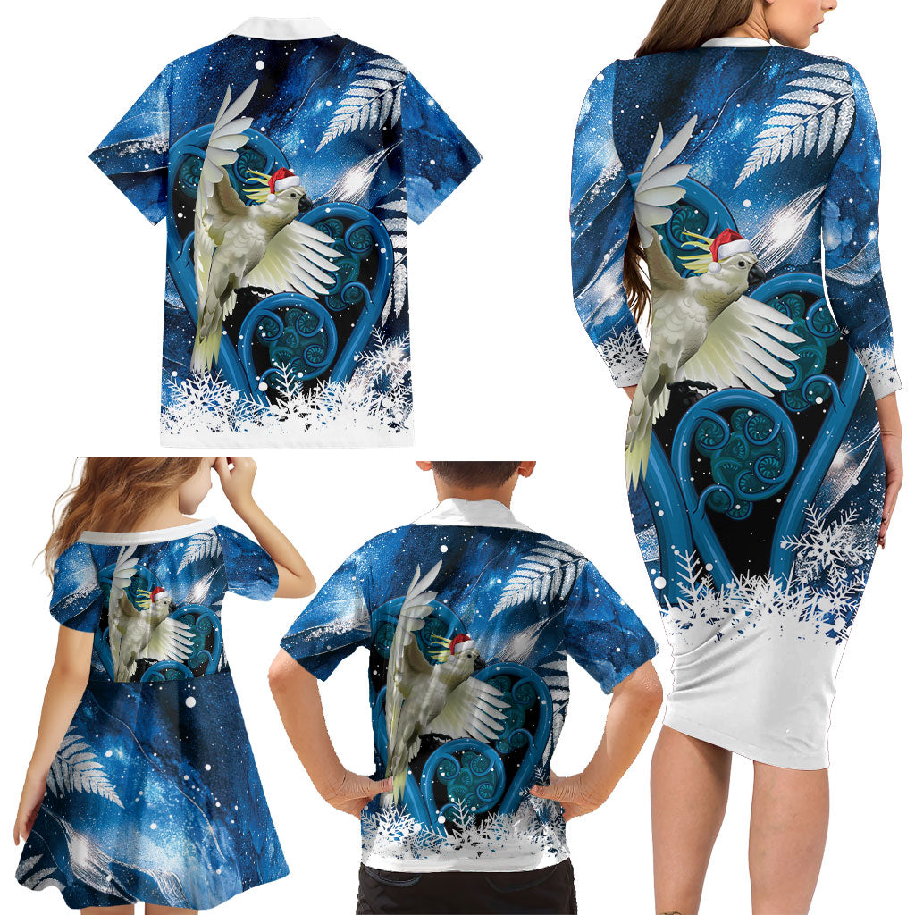 Sulphur-crested Cockatoo New Zealand Christmas In July Family Matching Long Sleeve Bodycon Dress and Hawaiian Shirt NZ Aroha Koru Fern Marble Vibes