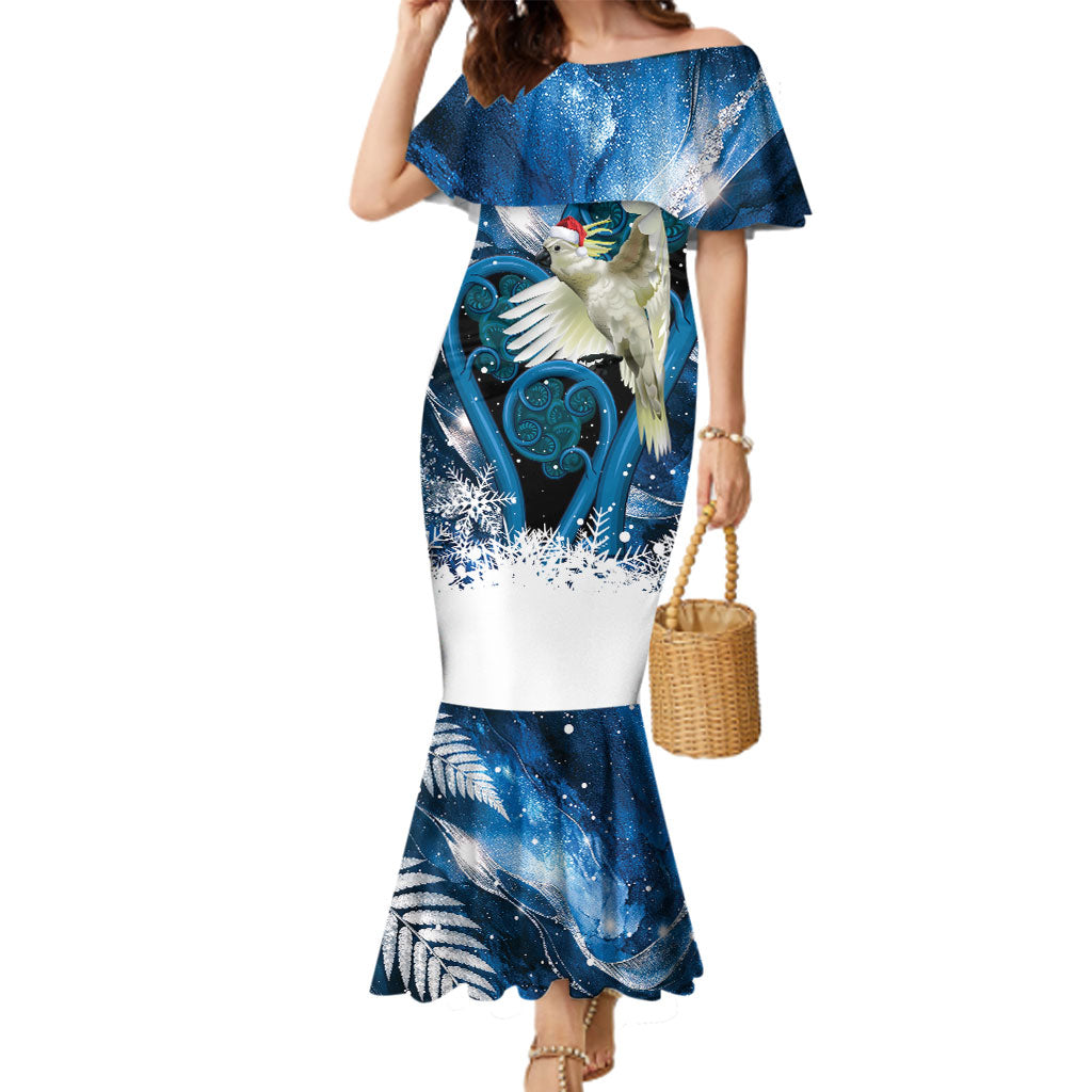 Sulphur-crested Cockatoo New Zealand Christmas In July Family Matching Mermaid Dress and Hawaiian Shirt NZ Aroha Koru Fern Marble Vibes