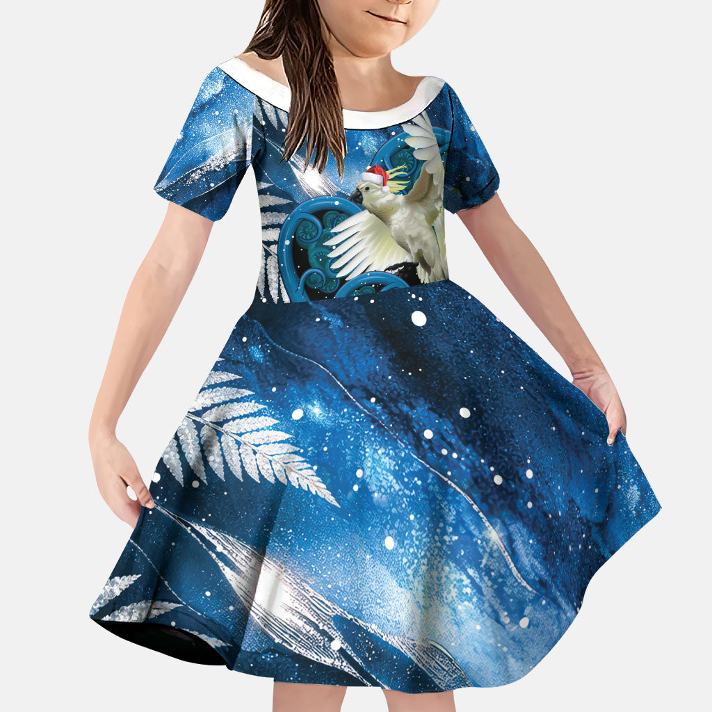 Sulphur-crested Cockatoo New Zealand Christmas In July Family Matching Off The Shoulder Long Sleeve Dress and Hawaiian Shirt NZ Aroha Koru Fern Marble Vibes