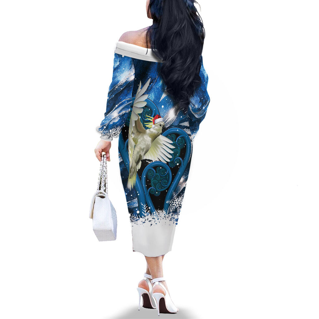 Sulphur-crested Cockatoo New Zealand Christmas In July Family Matching Off The Shoulder Long Sleeve Dress and Hawaiian Shirt NZ Aroha Koru Fern Marble Vibes