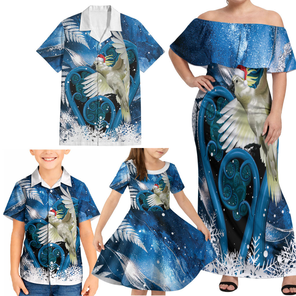 Sulphur-crested Cockatoo New Zealand Christmas In July Family Matching Off Shoulder Maxi Dress and Hawaiian Shirt NZ Aroha Koru Fern Marble Vibes LT14 - Polynesian Pride
