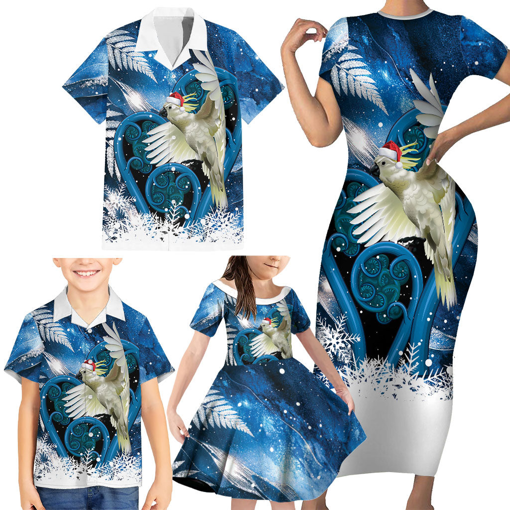 Sulphur-crested Cockatoo New Zealand Christmas In July Family Matching Short Sleeve Bodycon Dress and Hawaiian Shirt NZ Aroha Koru Fern Marble Vibes