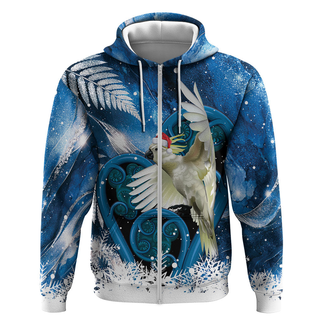 Sulphur-crested Cockatoo New Zealand Christmas In July Hoodie NZ Aroha Koru Fern Marble Vibes