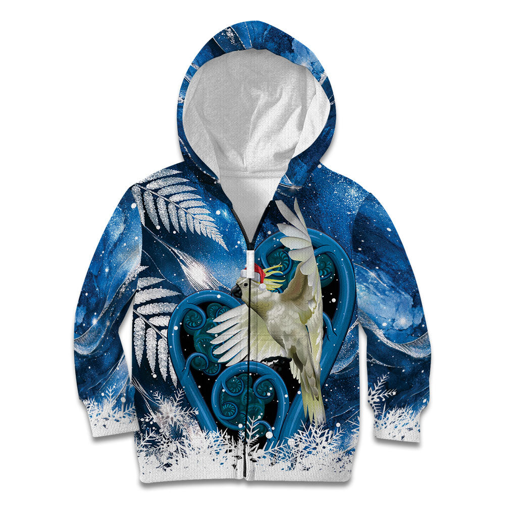 Sulphur-crested Cockatoo New Zealand Christmas In July Kid Hoodie NZ Aroha Koru Fern Marble Vibes