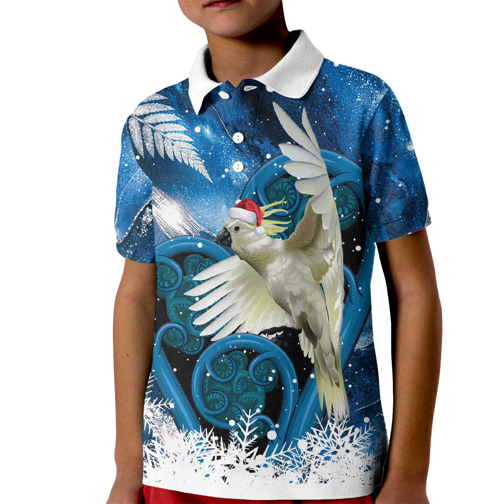 Sulphur-crested Cockatoo New Zealand Christmas In July Kid Polo Shirt NZ Aroha Koru Fern Marble Vibes