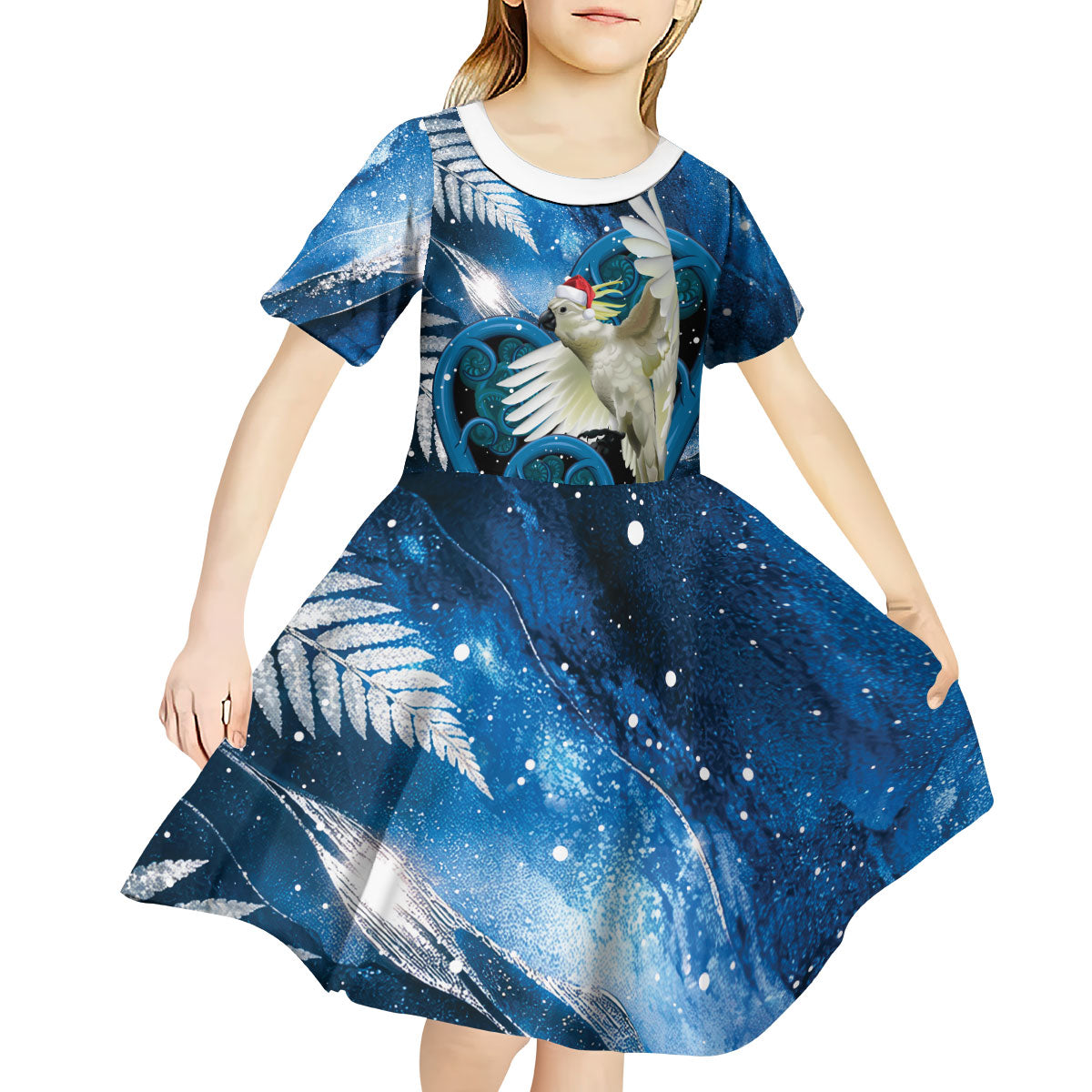 Sulphur-crested Cockatoo New Zealand Christmas In July Kid Short Sleeve Dress NZ Aroha Koru Fern Marble Vibes
