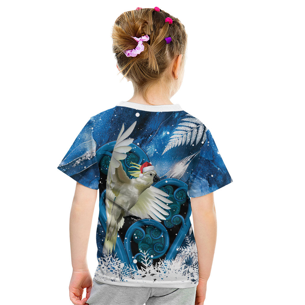 Sulphur-crested Cockatoo New Zealand Christmas In July Kid T Shirt NZ Aroha Koru Fern Marble Vibes