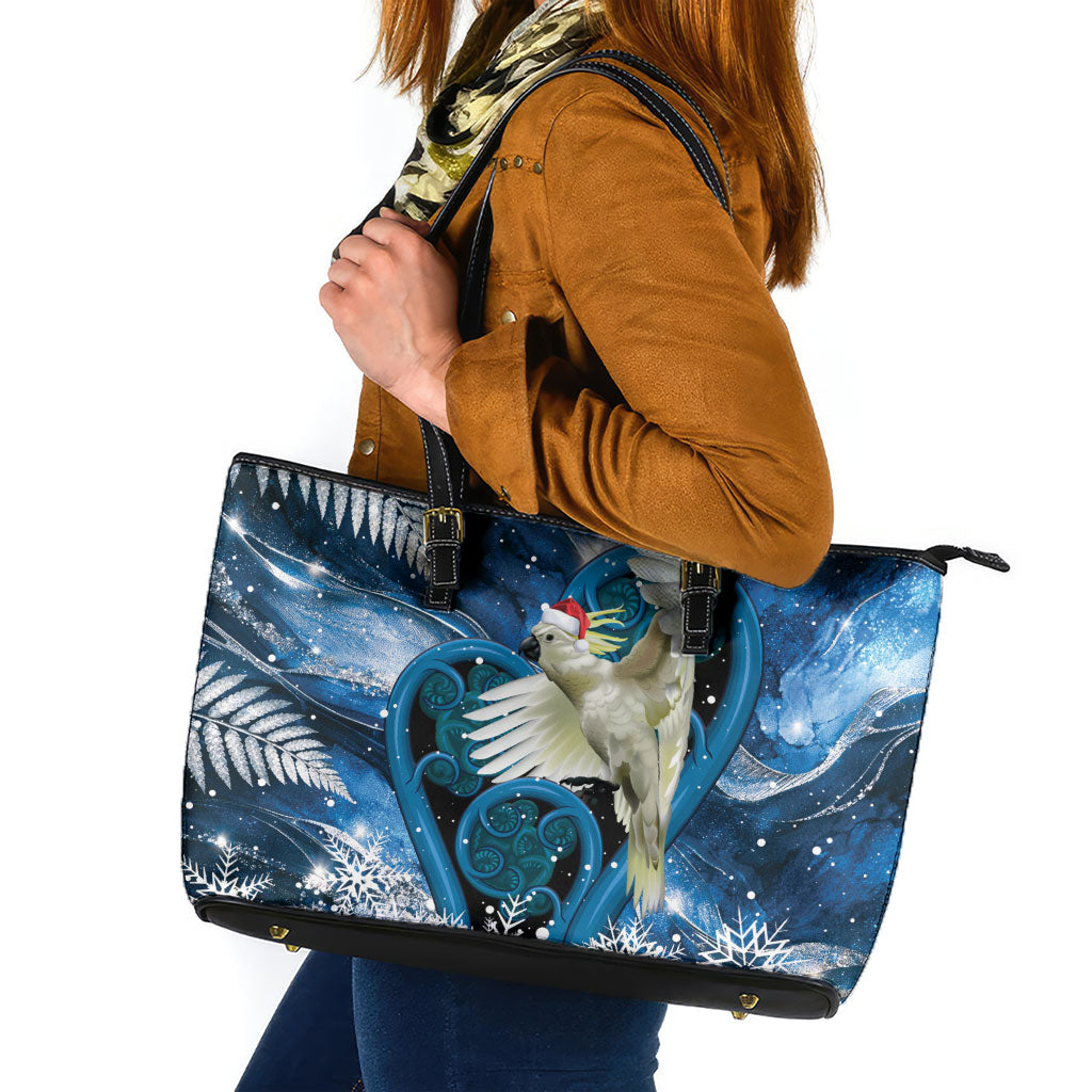 Sulphur-crested Cockatoo New Zealand Christmas In July Leather Tote Bag NZ Aroha Koru Fern Marble Vibes