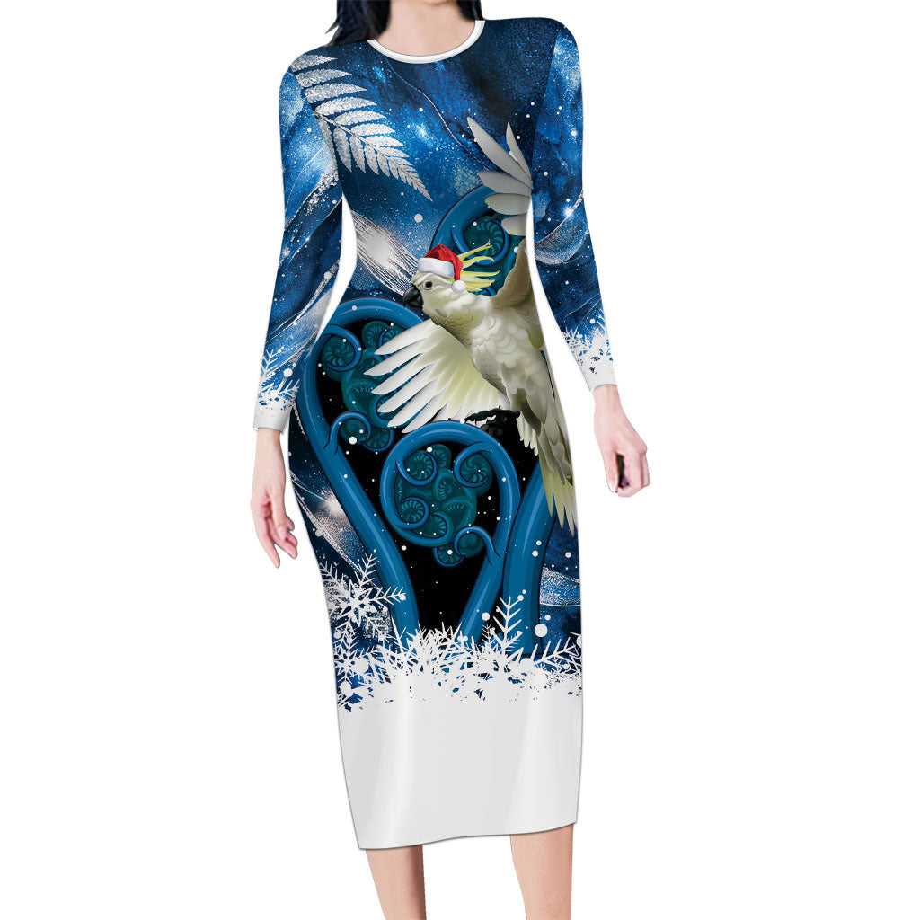 Sulphur-crested Cockatoo New Zealand Christmas In July Long Sleeve Bodycon Dress NZ Aroha Koru Fern Marble Vibes