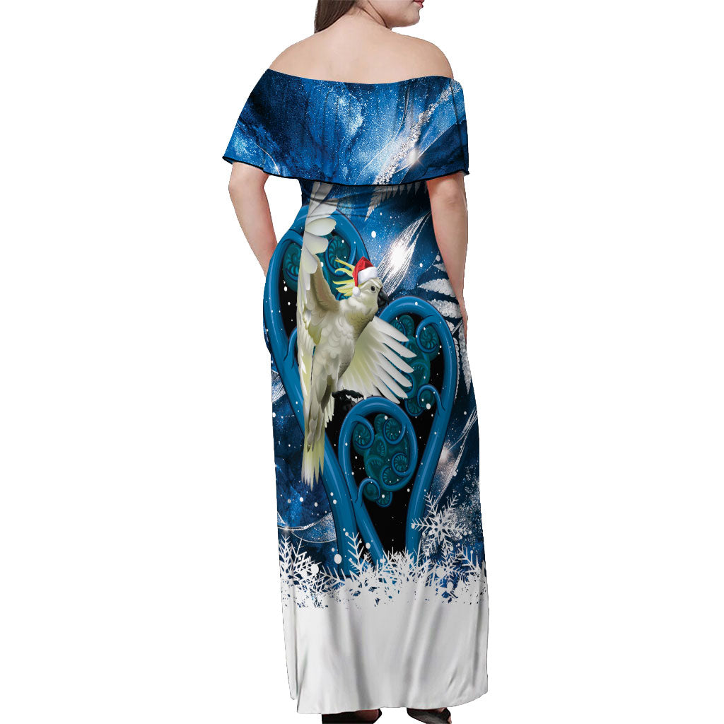 Sulphur-crested Cockatoo New Zealand Christmas In July Off Shoulder Maxi Dress NZ Aroha Koru Fern Marble Vibes