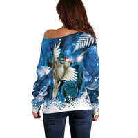 Sulphur-crested Cockatoo New Zealand Christmas In July Off Shoulder Sweater NZ Aroha Koru Fern Marble Vibes