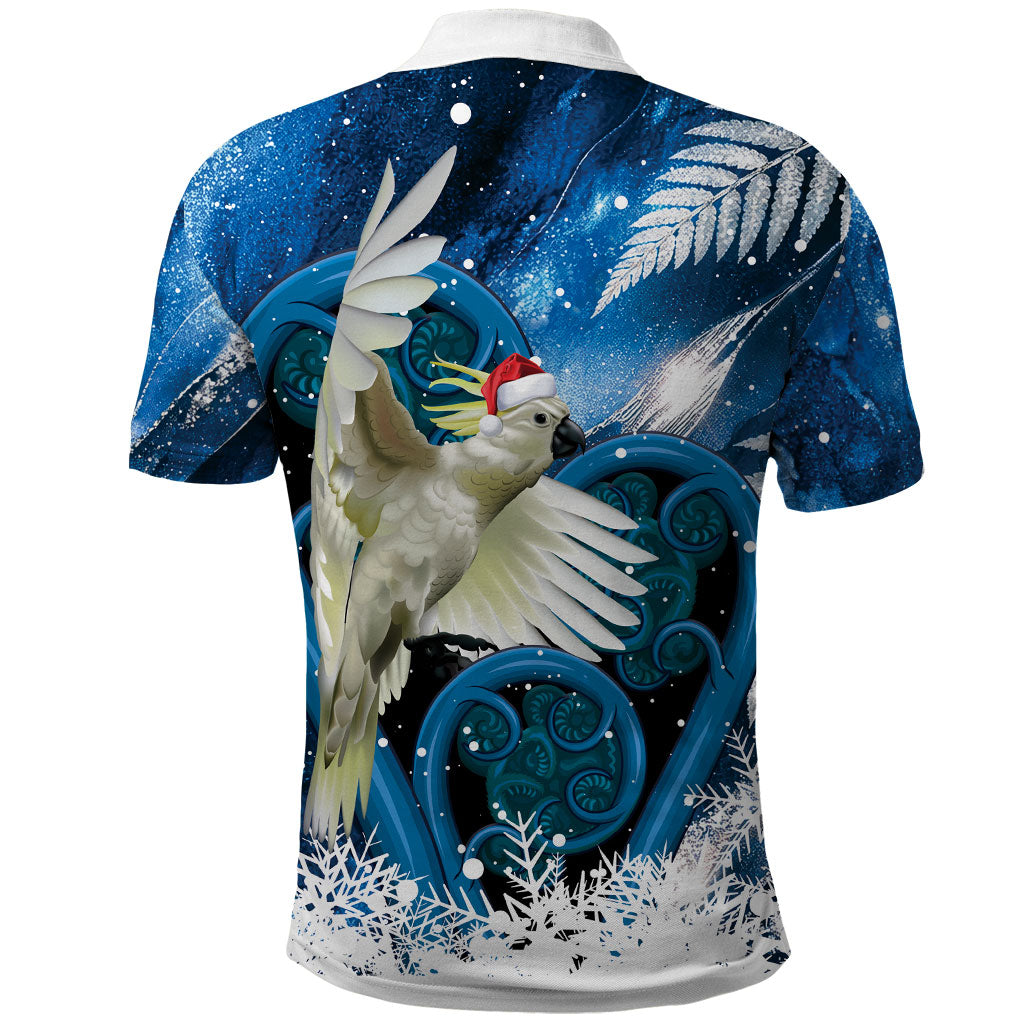 Sulphur-crested Cockatoo New Zealand Christmas In July Polo Shirt NZ Aroha Koru Fern Marble Vibes