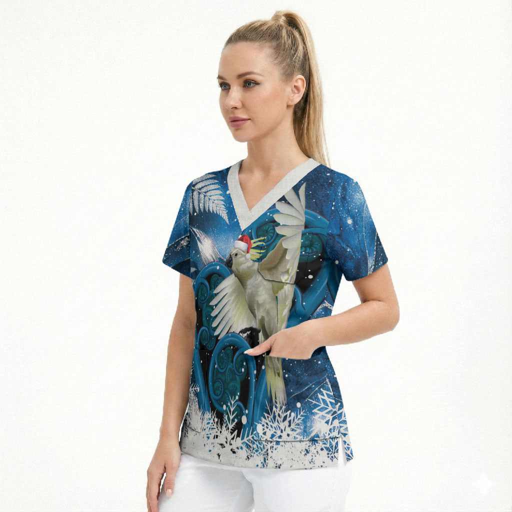 Sulphur-crested Cockatoo New Zealand Christmas In July Scrub Top NZ Aroha Koru Fern Marble Vibes